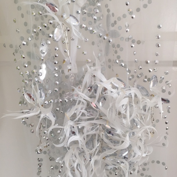 WHITE ANGEL DRESS HAND BEADED FEATHER COUTURE GOWN - Picture 9 of 16